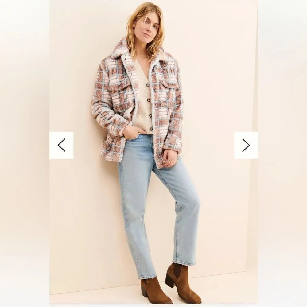 Hutch for Free People Plaid Faux Fur Shirt Jacket, Large